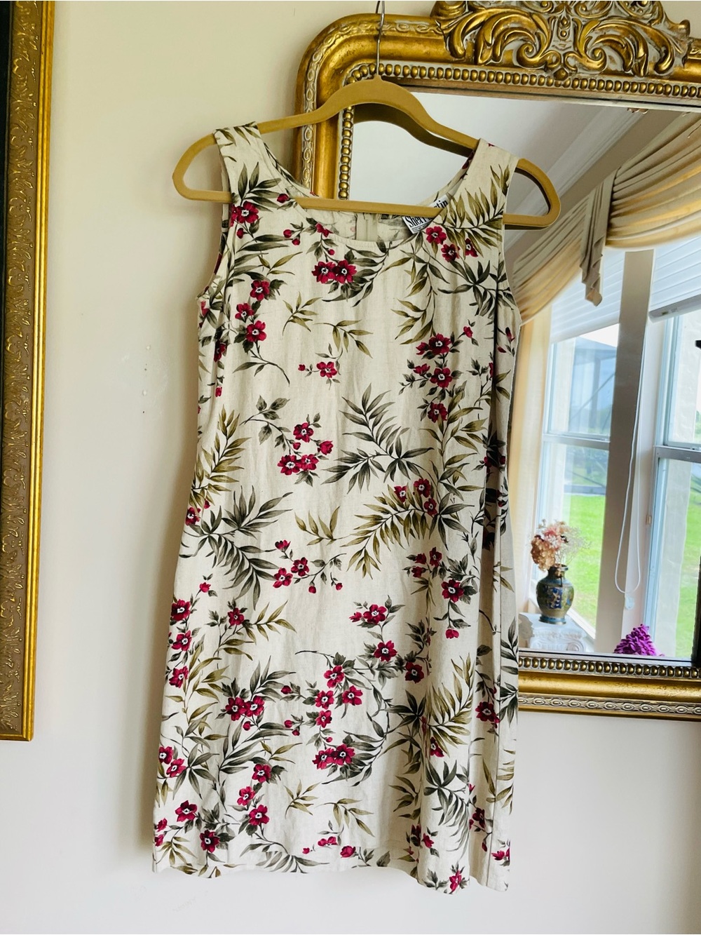 Sheri Martin Cream Mini Dress with Pink Floral Pattern Back Sip Linen Rayon Sm
